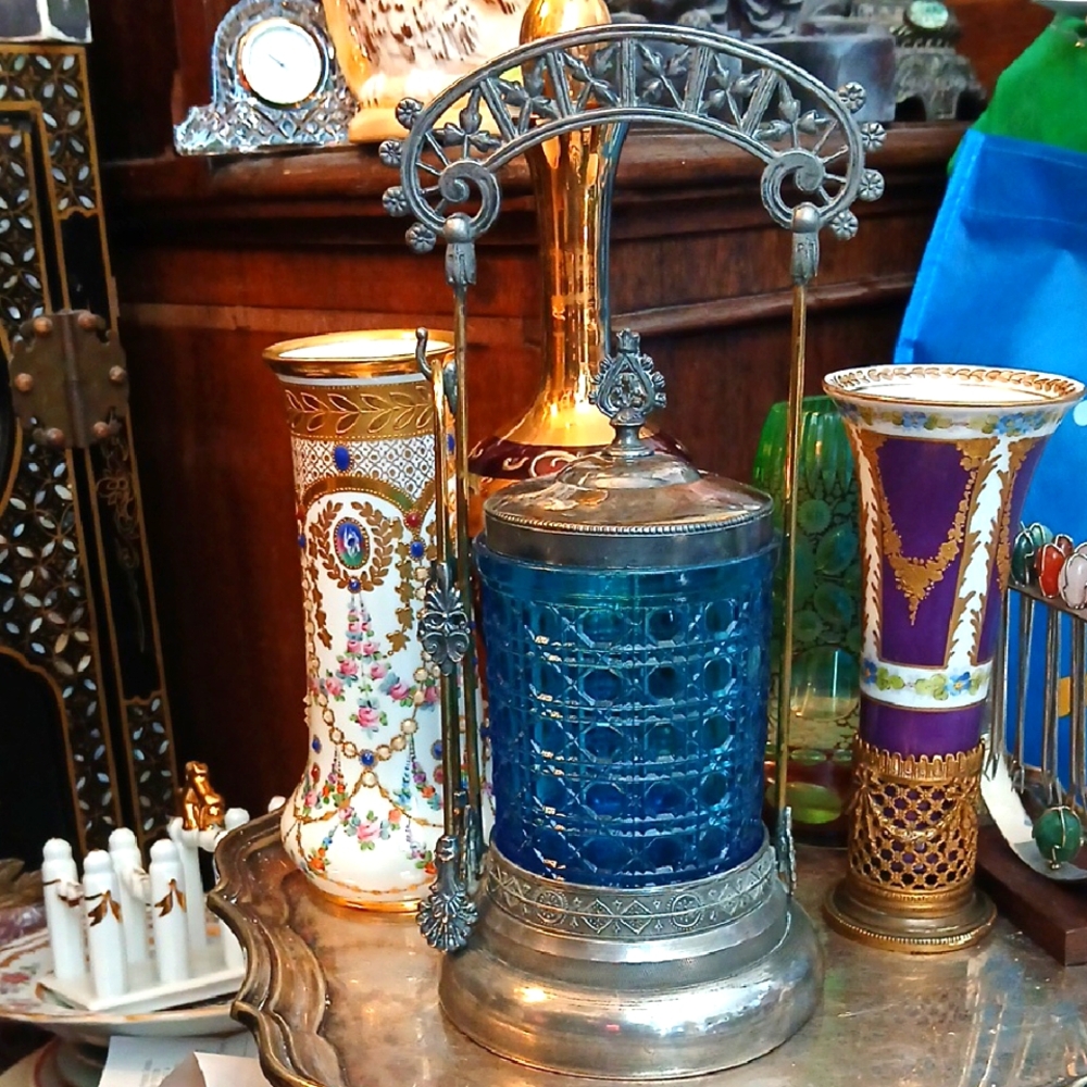 Antique Blue Glass and Silver Decorative Jar